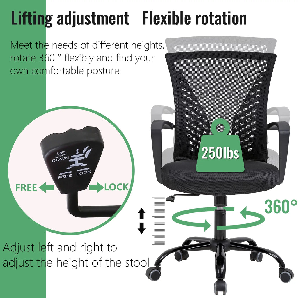 Mesh Office Chair Ergonomic Computer Chair with Swivel Lumbar Support Adjustable Black J64678
