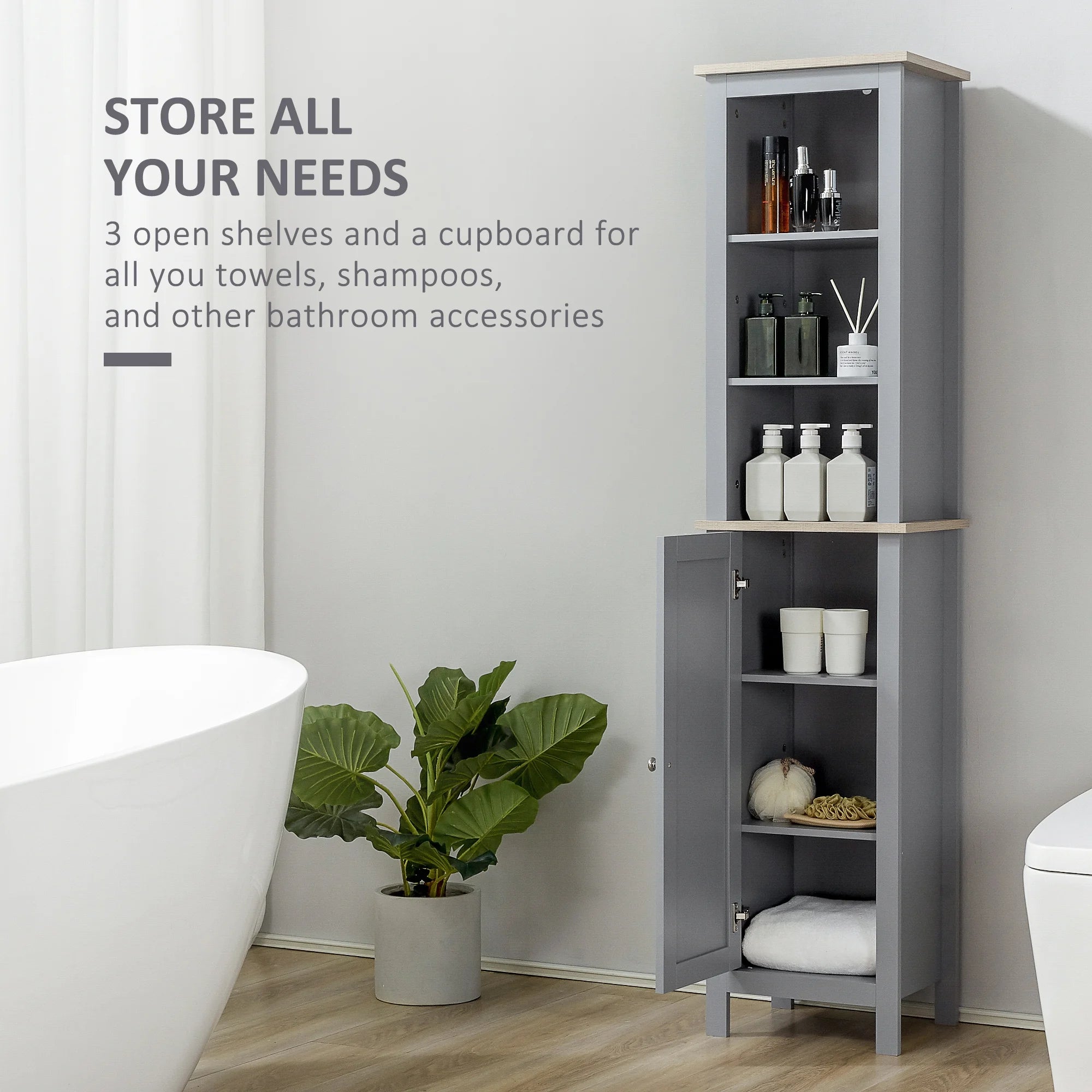 Grey Tall Bathroom Storage Cabinet with 3 Tier Shelf and Door T5481