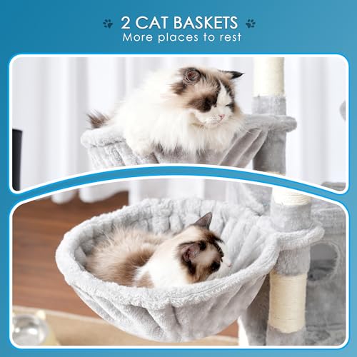 Light Gray 74 inches Multi-Level XL Cat Tree with Three Cat Condos and Two Top Decks B58336