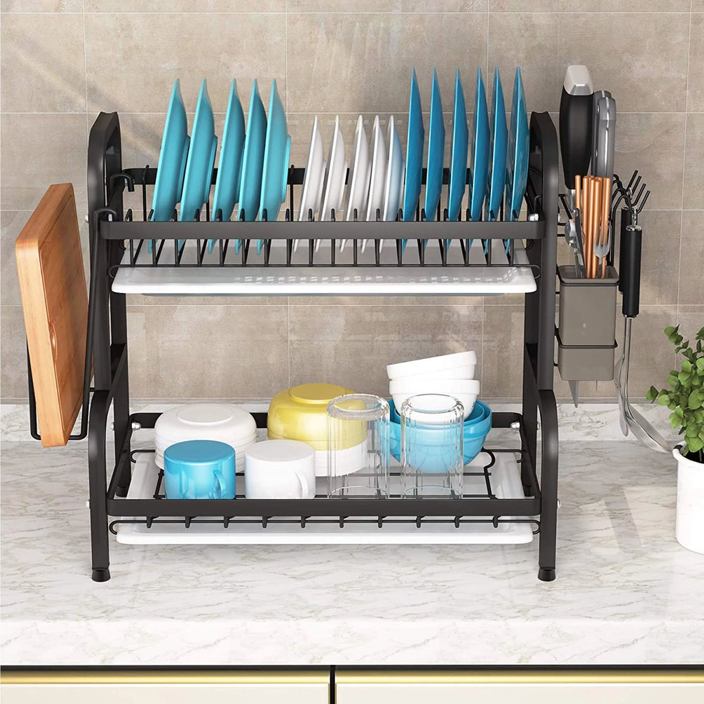 Adjustable 2-Tier Large Dish Drying Rack with Cutting Board Holder B458659