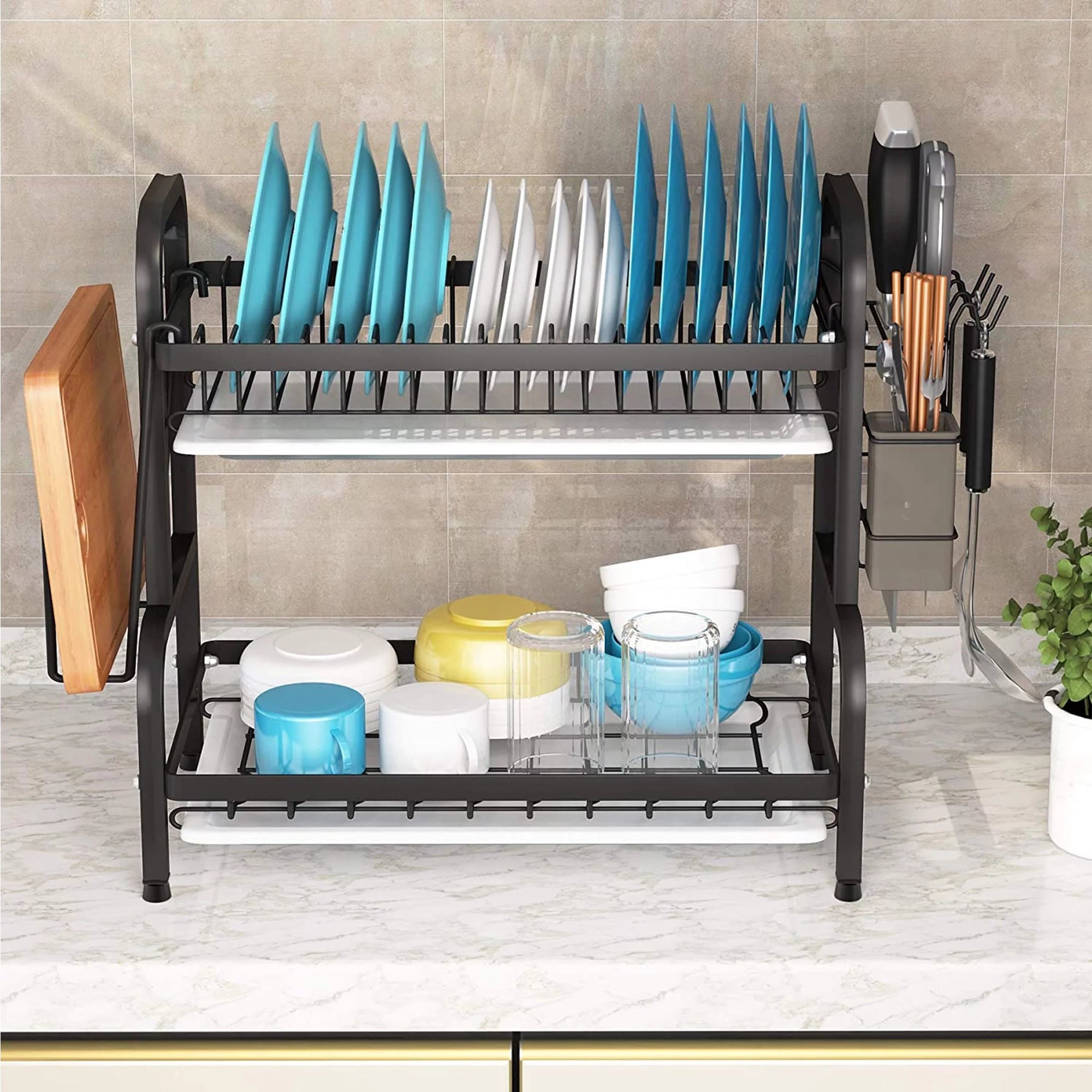 Adjustable 2-Tier Large Dish Drying Rack with Cutting Board Holder B458659
