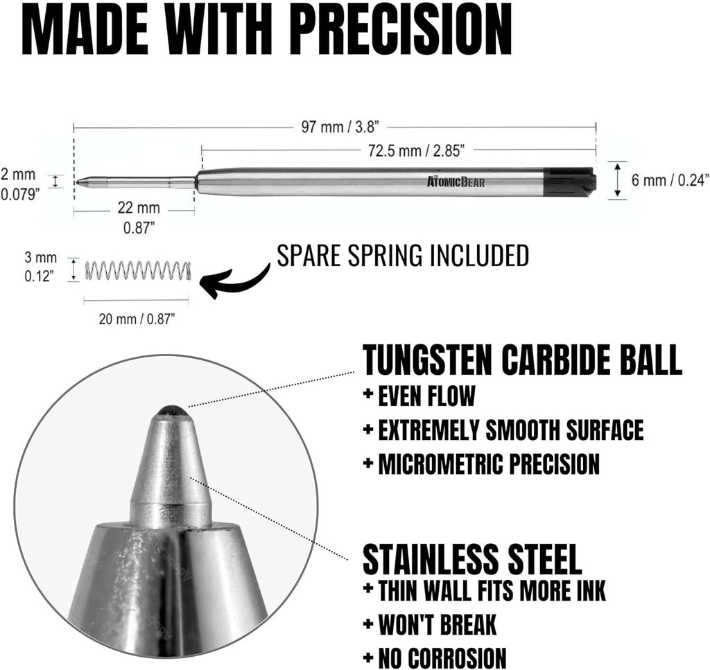 6 Pack Black Ink Medium Flow Refill Cartridges for Ballpoint Pens P557