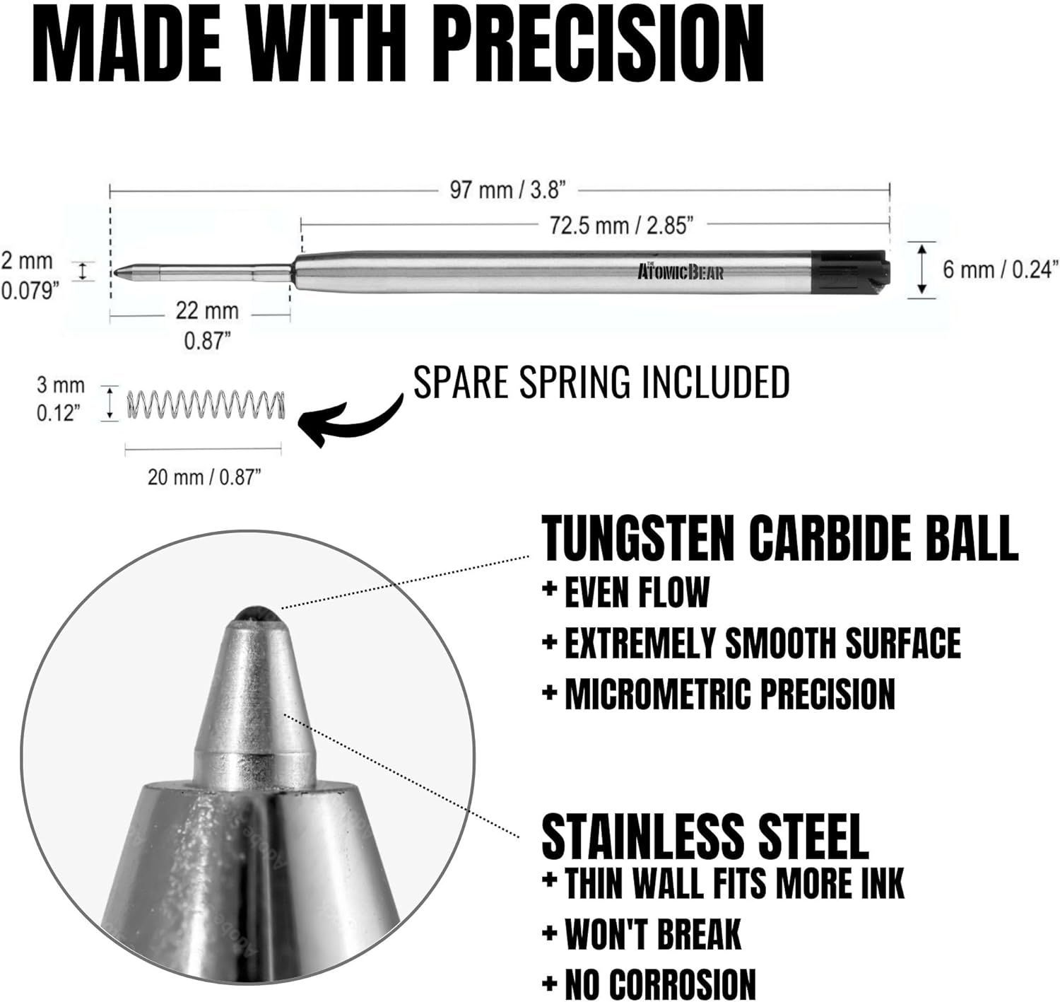 6 Pack Black Ink Medium Flow Refill Cartridges for Ballpoint Pens P557