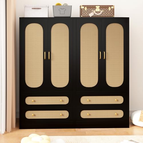 2 Door Rattan Wood Wardrobe with 2 Drawers & Hanging Rail (Black) Y945946
