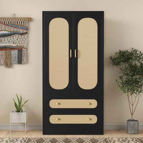 2 Door Rattan Wood Wardrobe with 2 Drawers & Hanging Rail (Black) Y945946
