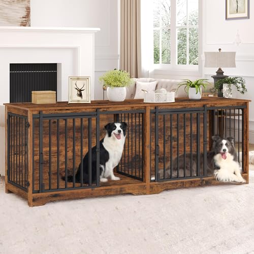 78 Inch Extra Large Double Dog Crate Furniture with Divider, Rustic Brown B24461