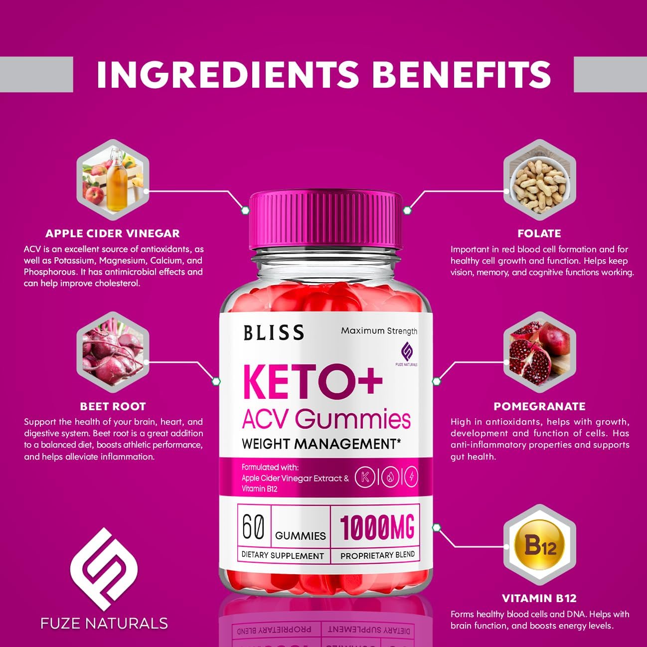 Keto ACV Gummies 1000mg Apple Cider Vinegar Vitamin B12 B6 Folate Supplement (60 Gummies) S15550
