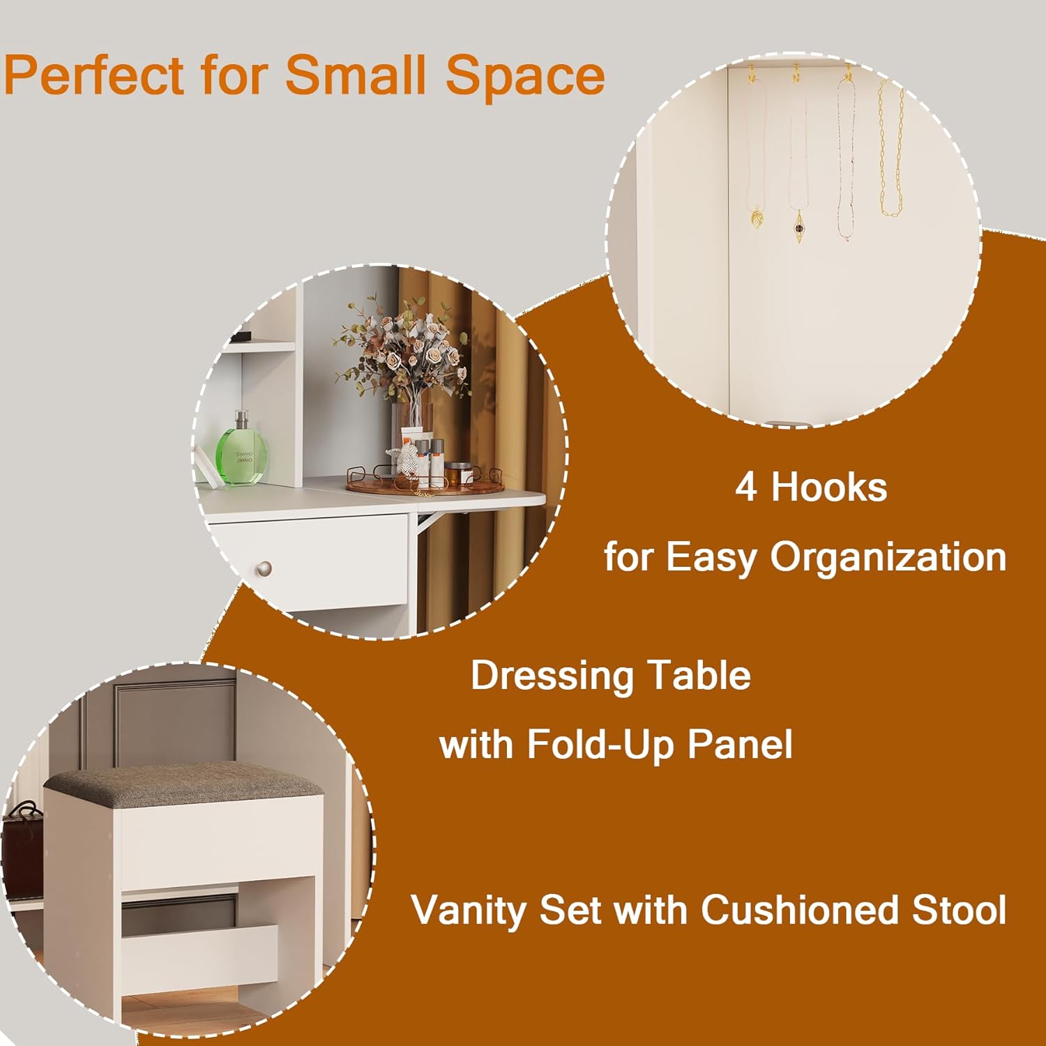 White Dressing Table with Mirror and Stool, 3 LED Lighting Colors Q923
