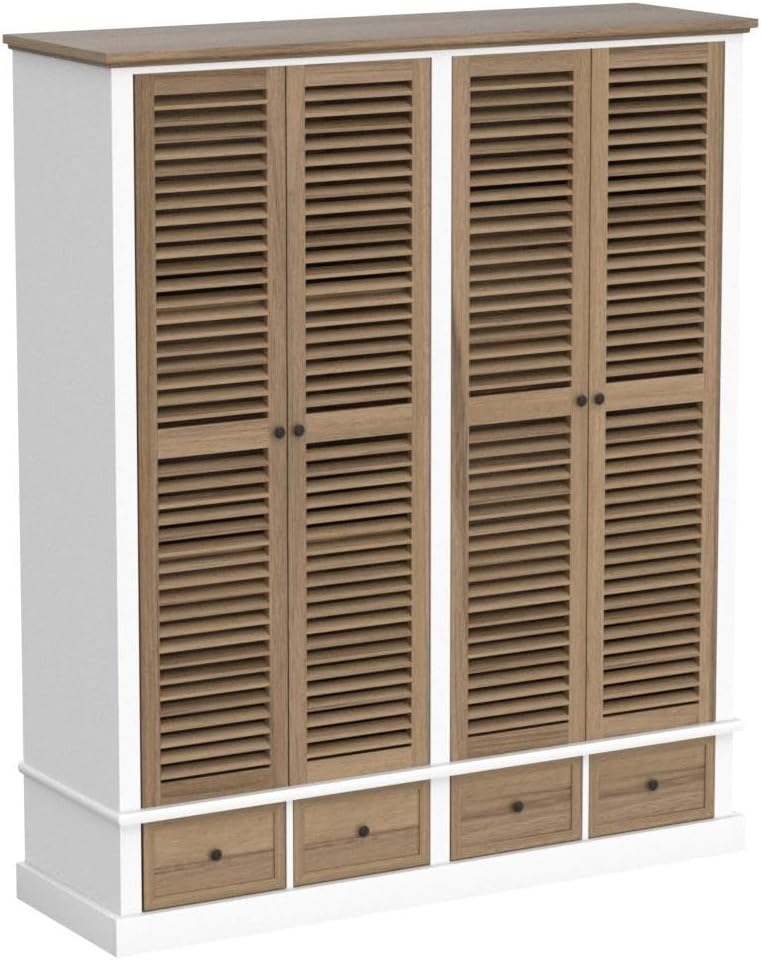 4 Doors Wardrobe Armoire with Louver Doors, Storage Shelves, 4 Drawers & Hanging Rod, Wooden Closet Storage Cabinet, Brown & White U99702