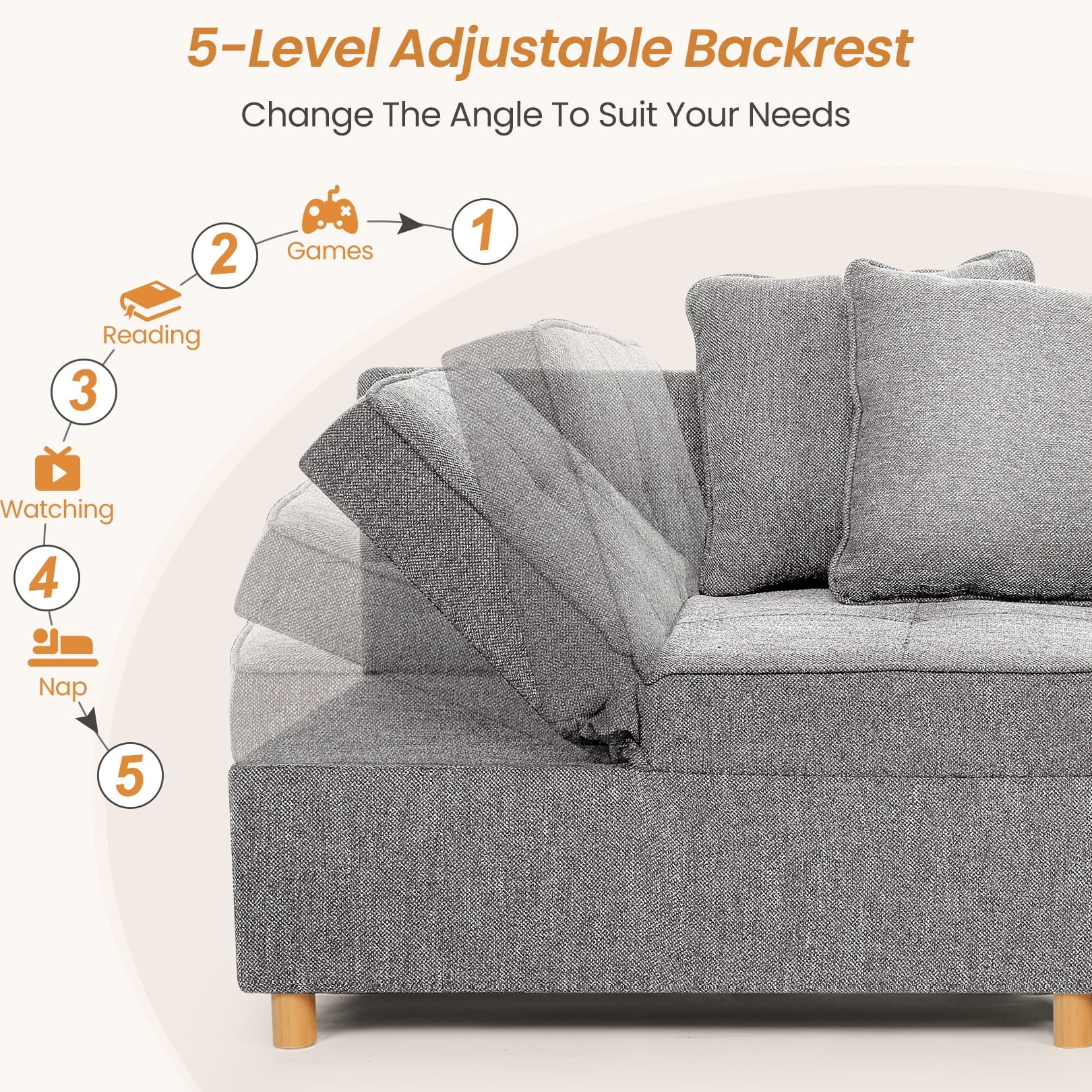 Gray Linen Convertible Sofa Bed 3-Seat Futon B164899
