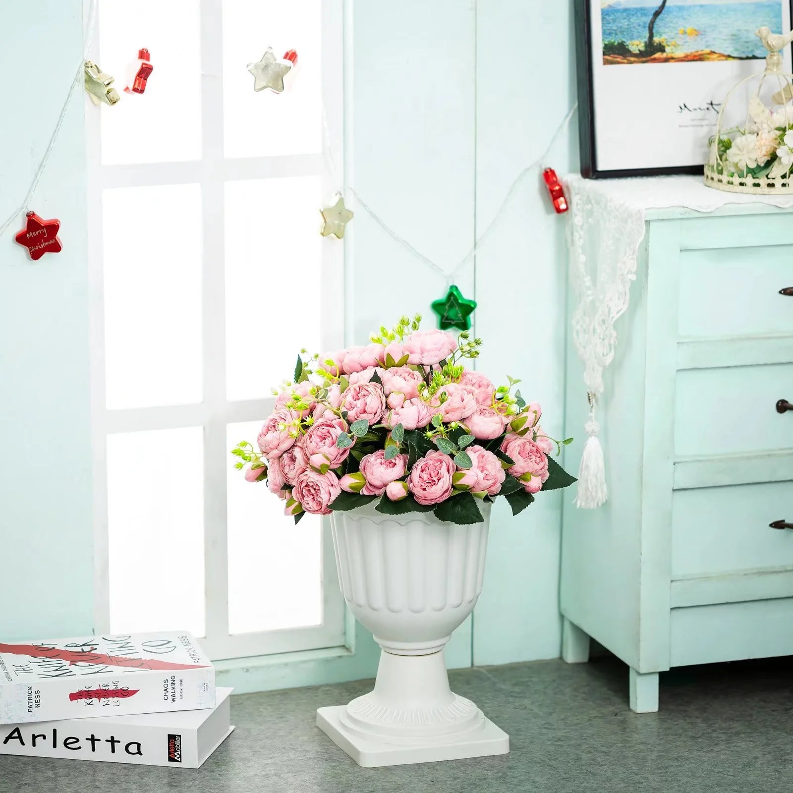 White Pedestal Plastic Urn Planter Set of 2 J13035