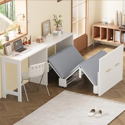 White Twin Folding Murphy Bed with Mattresses and Desk H653