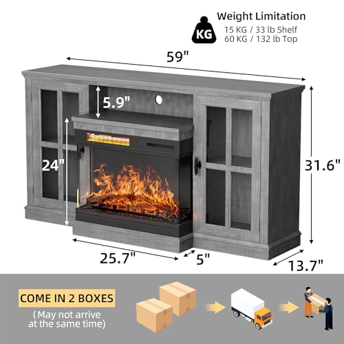 Gray Glass Fireplace TV Stand with Doors J70494