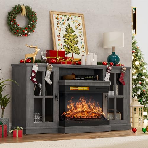 Gray Glass Fireplace TV Stand with Doors J70494