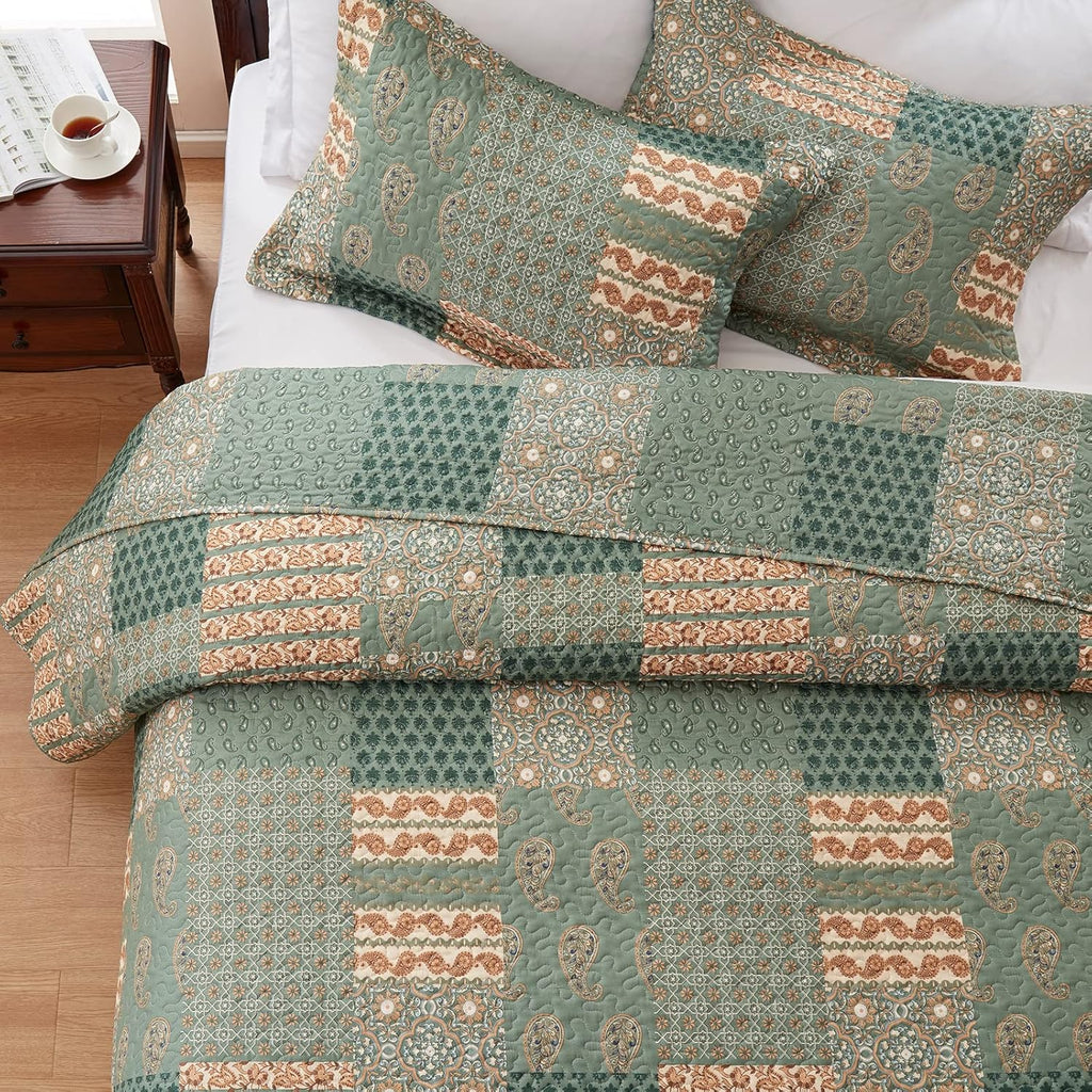 Full/Queen Size Olive Green Floral Paisley Bedding Set with 2 Pillow Shams P68639