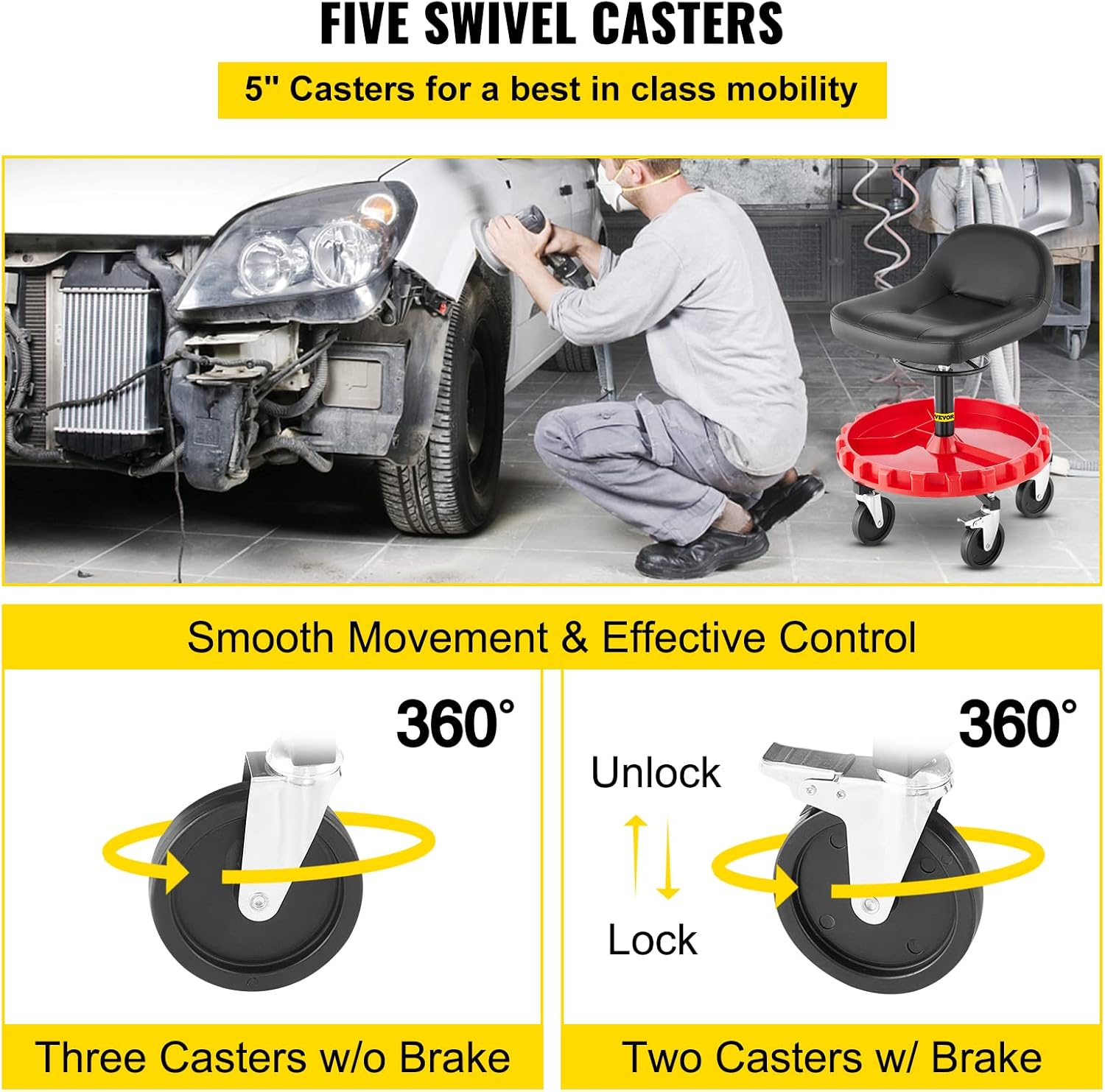 400 LBS Adjustable Height Rolling Garage Stool with Round Tray R9114