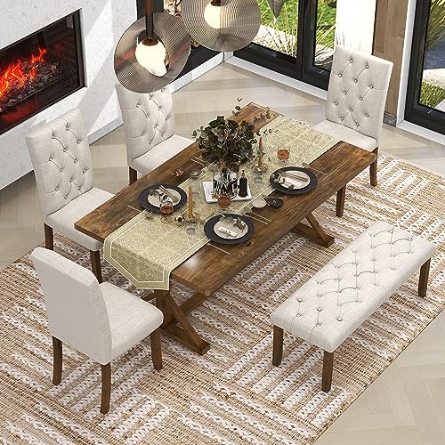 Wood Kitchen Dining Table Set for 6 Persons with Bench and Chairs, Natural Cherry Y863052