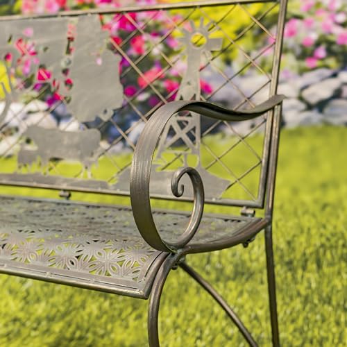 Green Iron Garden Bench with Blooming Tree Backrest O687