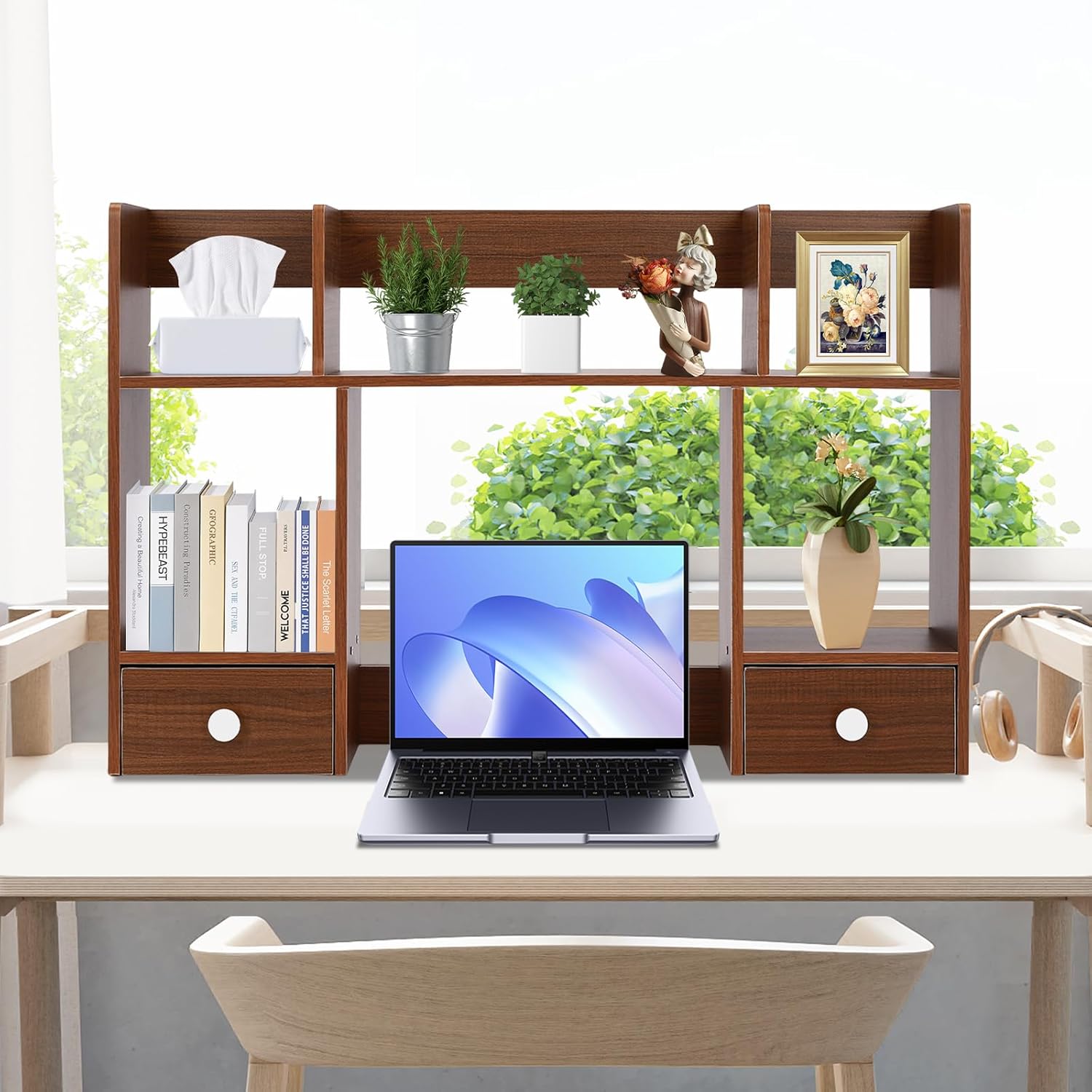 Dark Walnut Wood Desk Hutch with 2 Drawers V414