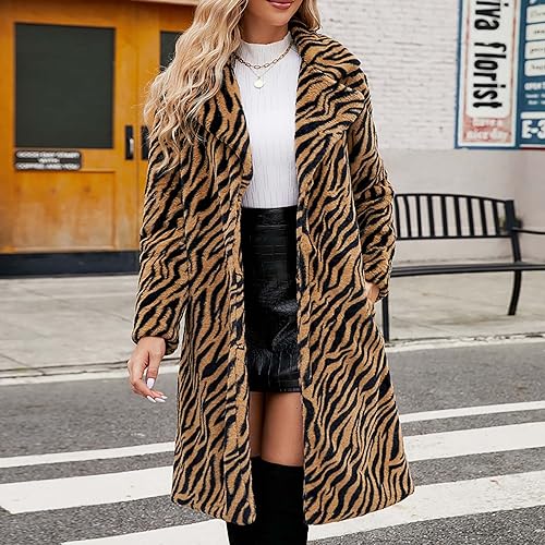Womens Leopard Print Fleece Faux Fur Long Jacket Overcoat Plus Size Q3062