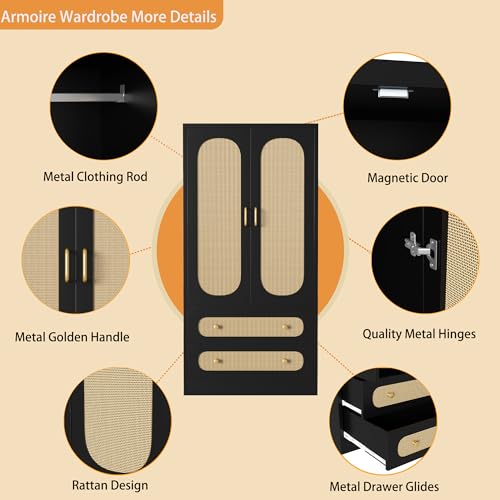 2 Door Rattan Wood Wardrobe with 2 Drawers & Hanging Rail (Black) Y945946
