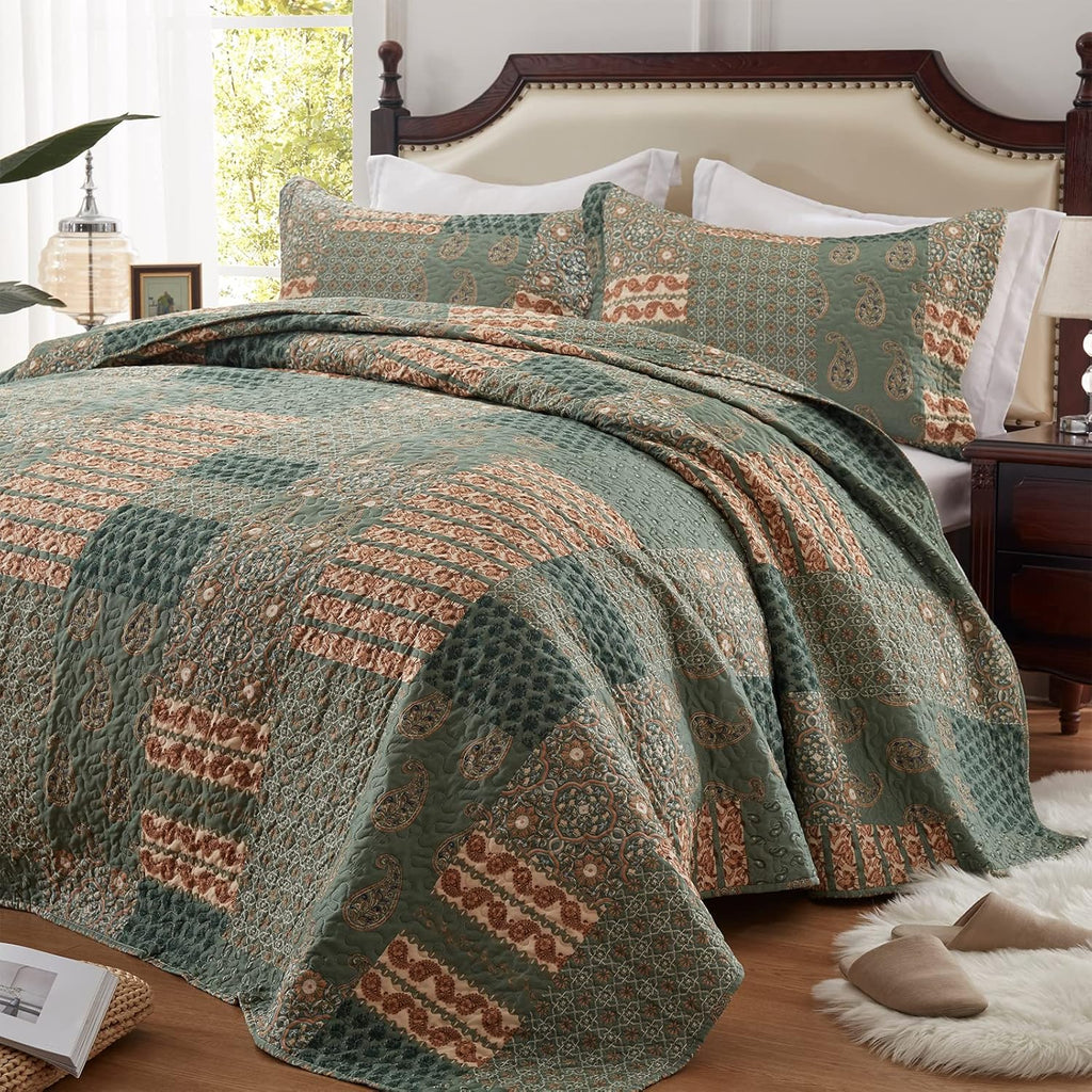 Full/Queen Size Olive Green Floral Paisley Bedding Set with 2 Pillow Shams P68639