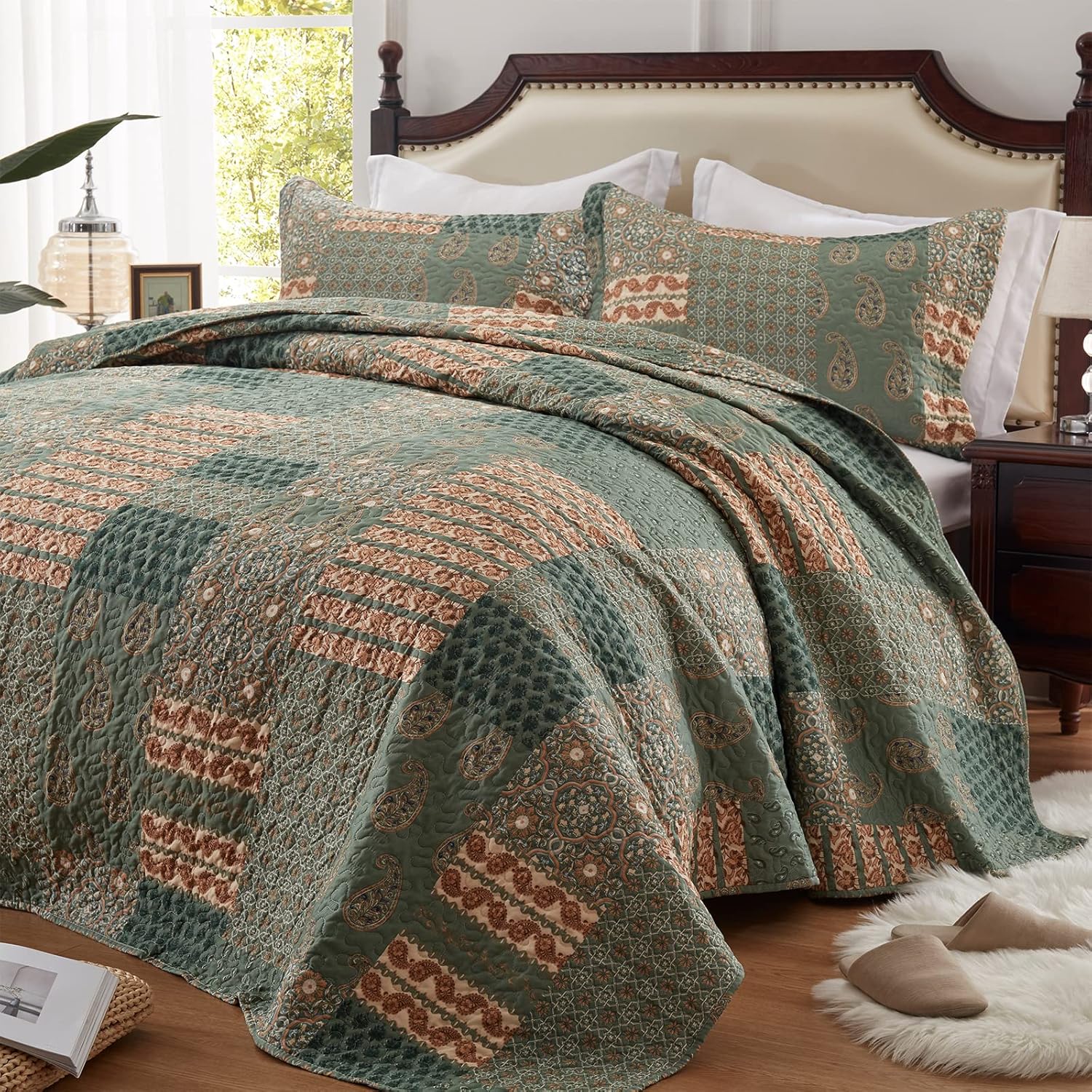 Full/Queen Size Olive Green Floral Paisley Bedding Set with 2 Pillow Shams P68639