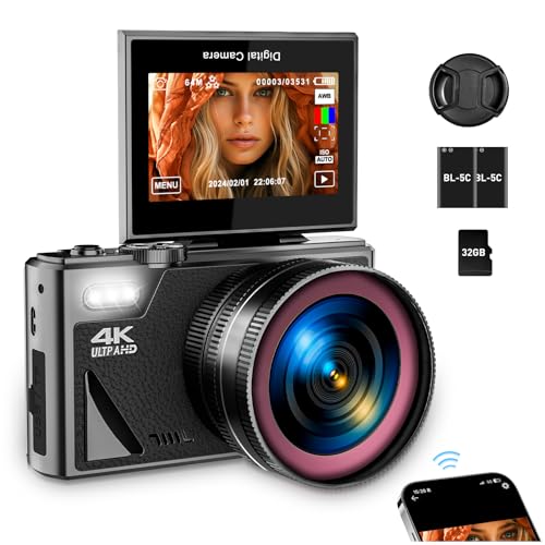 Black 64MP Digital Camera with 3" Flip Screen, 32GB SD Card, 2 Batteries F20301
