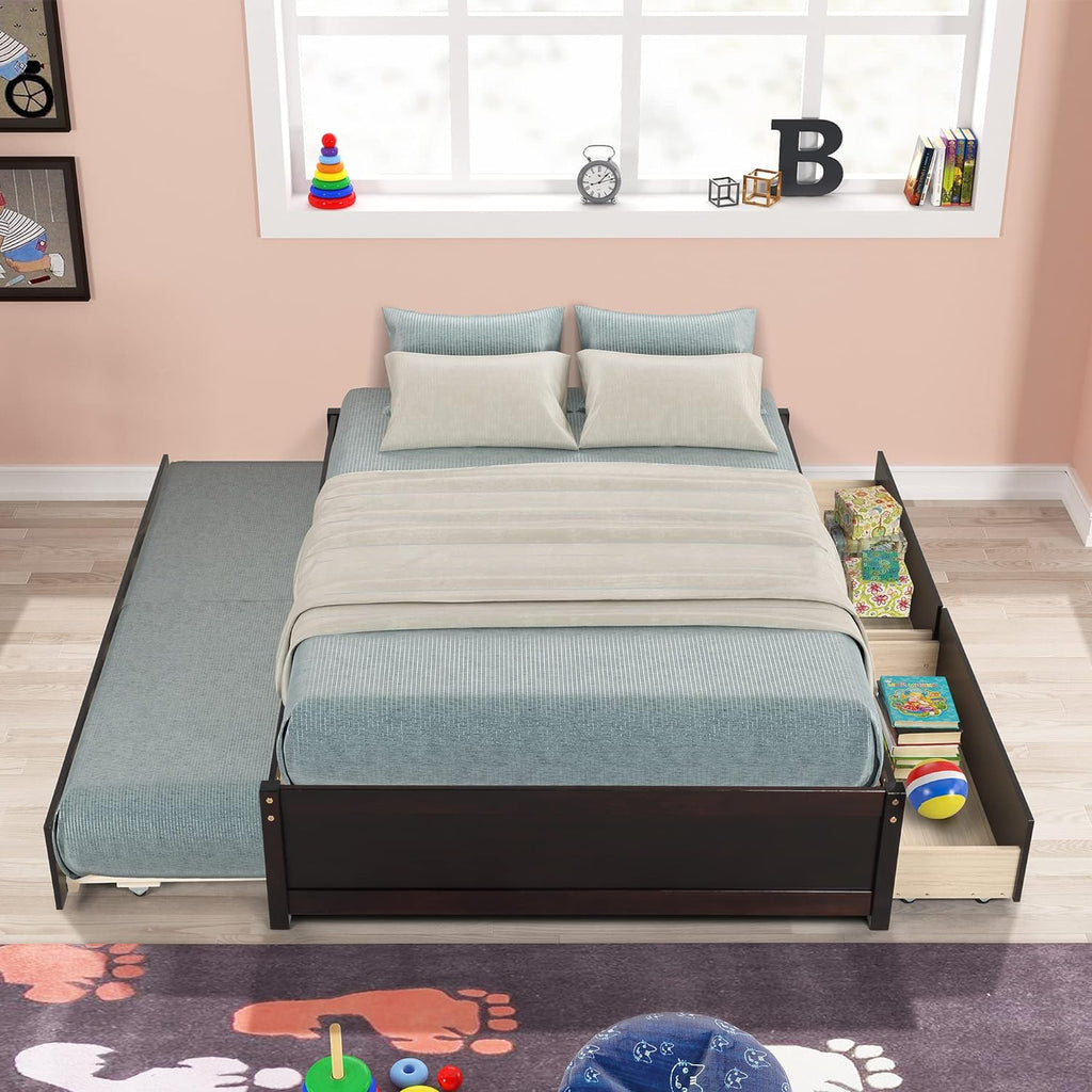 Full Size Wood Platform Bed with Trundle and Drawers C82380