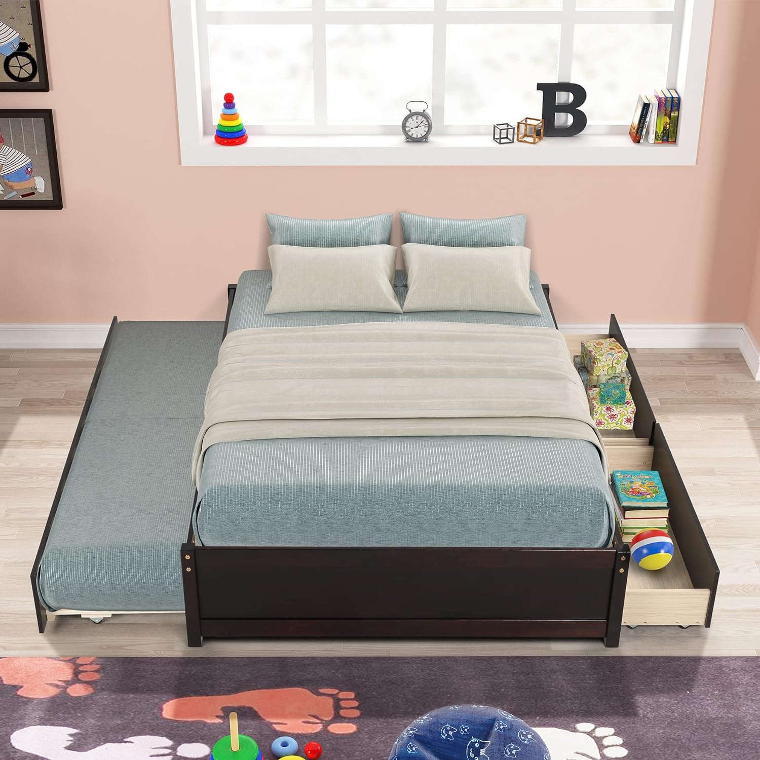 Full Size Wood Platform Bed with Trundle and Drawers C82380