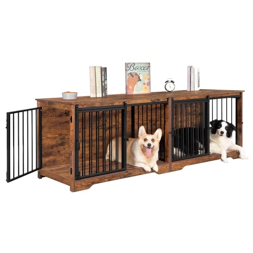 78 Inch Extra Large Double Dog Crate Furniture with Divider, Rustic Brown B24461