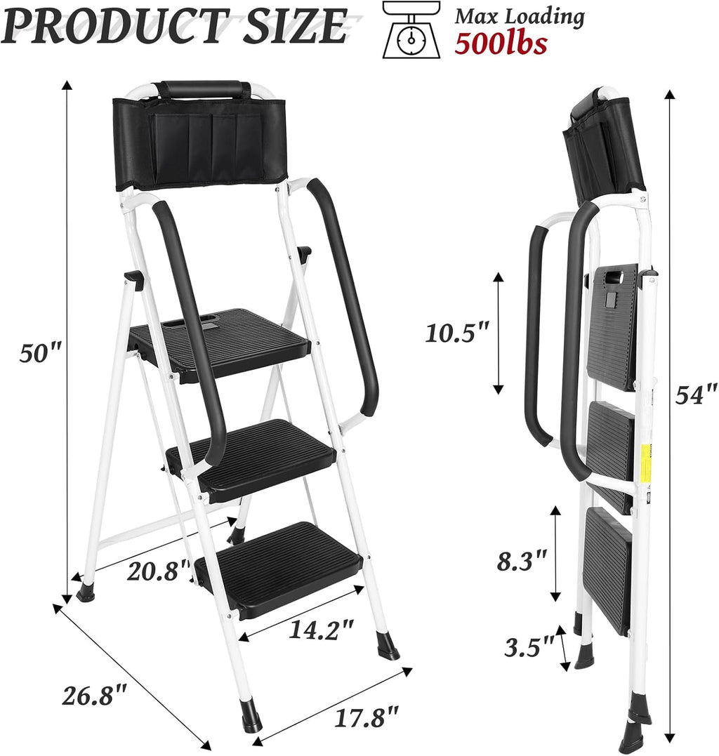 White 3 Step Ladder with Handrails & Attachable Tool Bag, 500 lbs Folding Step Stool K135