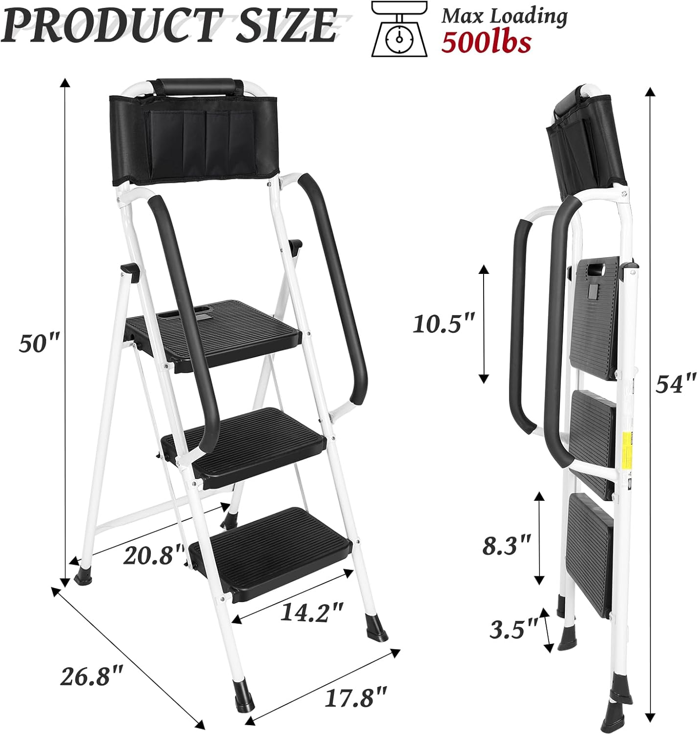 White 3 Step Ladder with Handrails & Attachable Tool Bag, 500 lbs Folding Step Stool K135