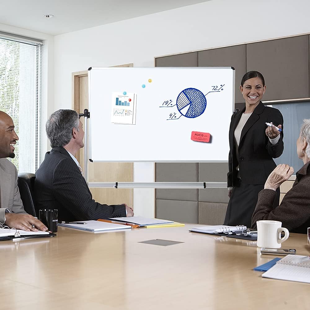 Double-Sided Magnetic Mobile Whiteboard 72 x 40 Inches with Aluminium Frame and Stand P47886