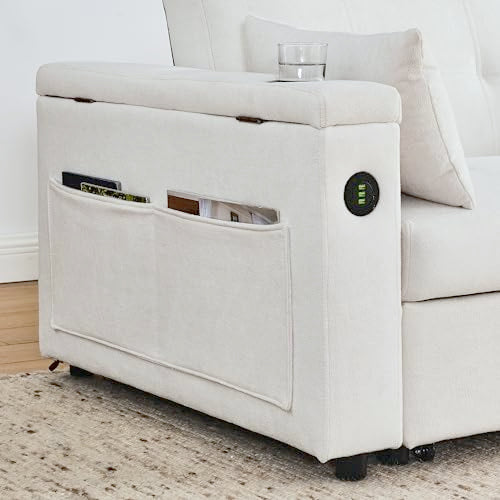 White 54" Chenille 2-Seater Convertible Sofa Bed with USB Power Outlet E2438