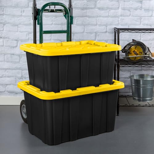 38 Gallon Black/Yellow Stackable Storage Tote with Lid, 8 Pack U998603