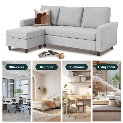 Light Gray Linen L-Shaped Sectional Sofa with Removable Ottoman Q314