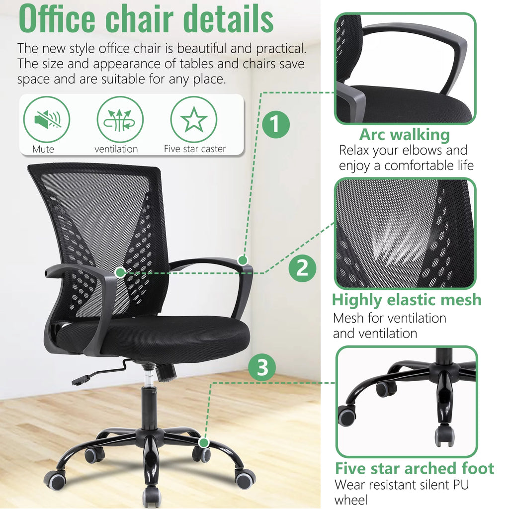 Mesh Office Chair Ergonomic Computer Chair with Swivel Lumbar Support Adjustable Black J64678