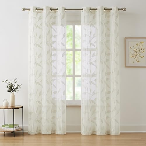White Floral Semi Sheer Curtains 84 inch Grommet Top W38 x L84 x2 A341