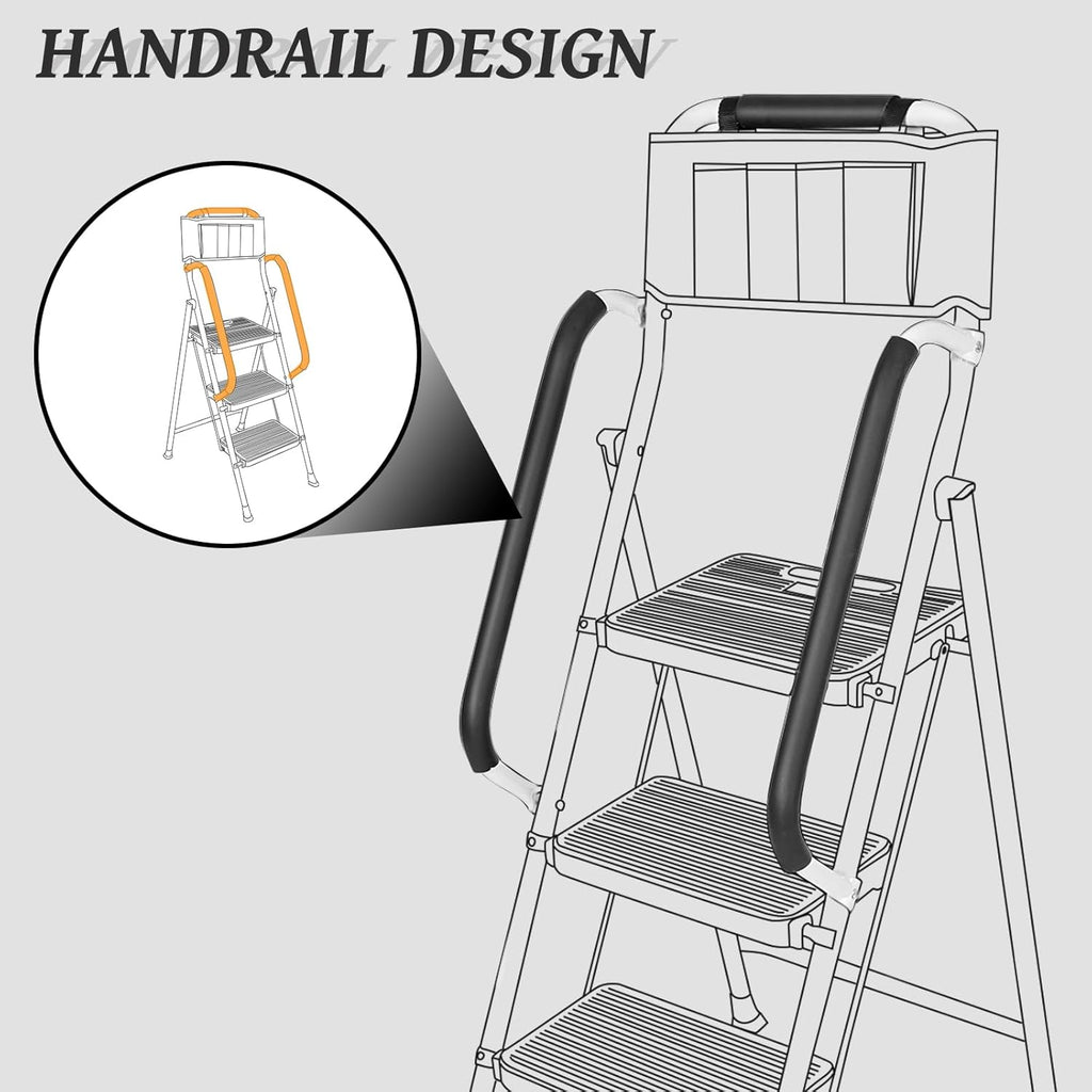 White 3 Step Ladder with Handrails & Attachable Tool Bag, 500 lbs Folding Step Stool K135