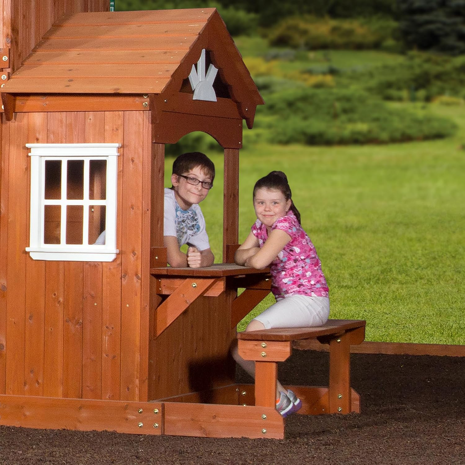 All Cedar Wooden Swing Set with 2 Belt Swings, Trapeze Bar, 10 ft Wave Slide, Playhouse, Play Kitchen, Rock Wall, Bench K605