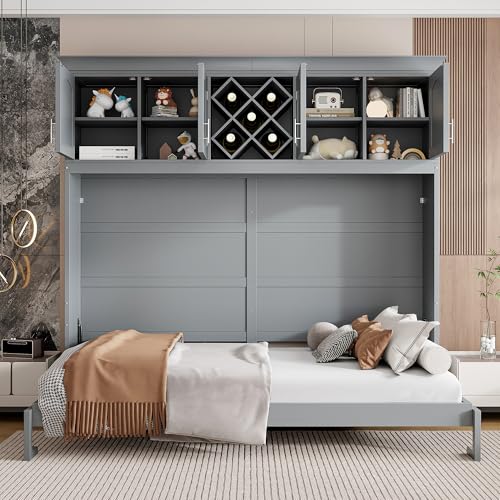 White Queen Size Murphy Wall Bed with Top Cabinets & Wine Rack S66143
