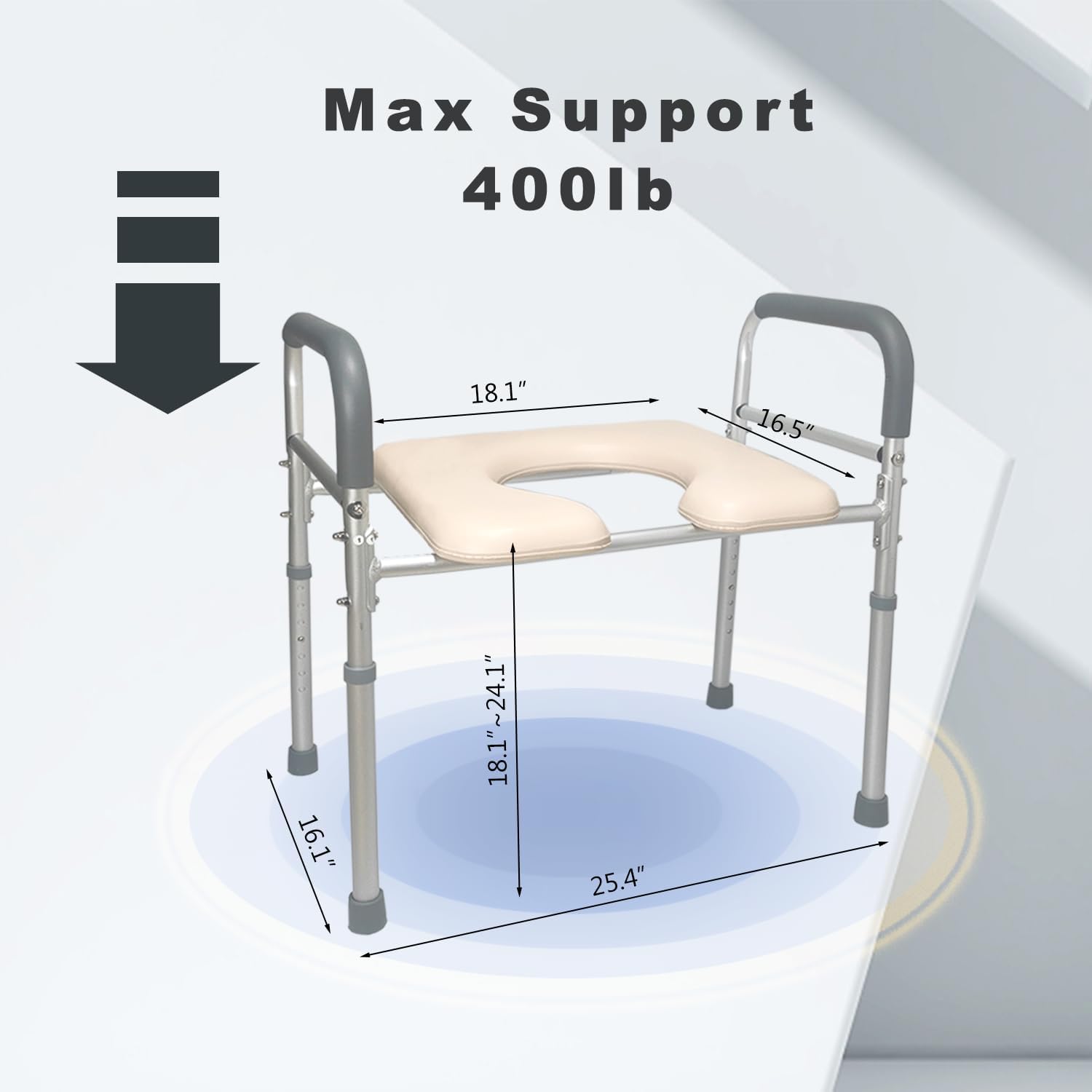 Raised Toilet Seat with Arms and U Shape Soft Cushion 400lbs 25.4in Width Height Adjustable N1414