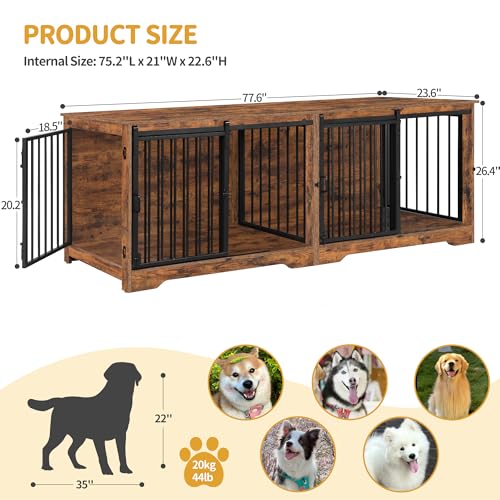 78 Inch Extra Large Double Dog Crate Furniture with Divider, Rustic Brown B24461
