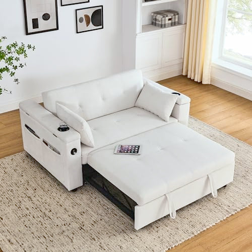 White 54" Chenille 2-Seater Convertible Sofa Bed with USB Power Outlet E2438