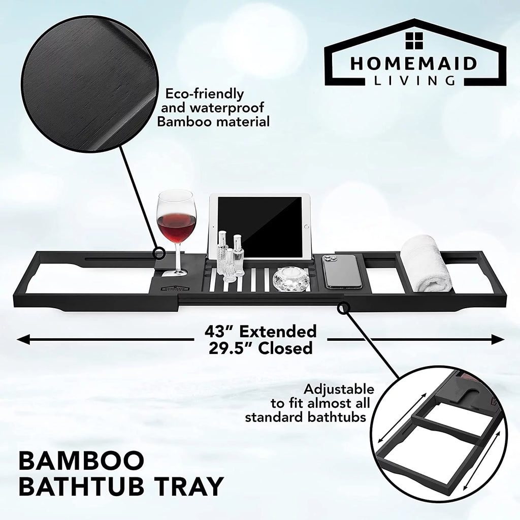 Bamboo Bathtub Tray Expandable Bathtub Caddy with Reading Rack Tablet Holder Wine Glass Holder (Black) A469866