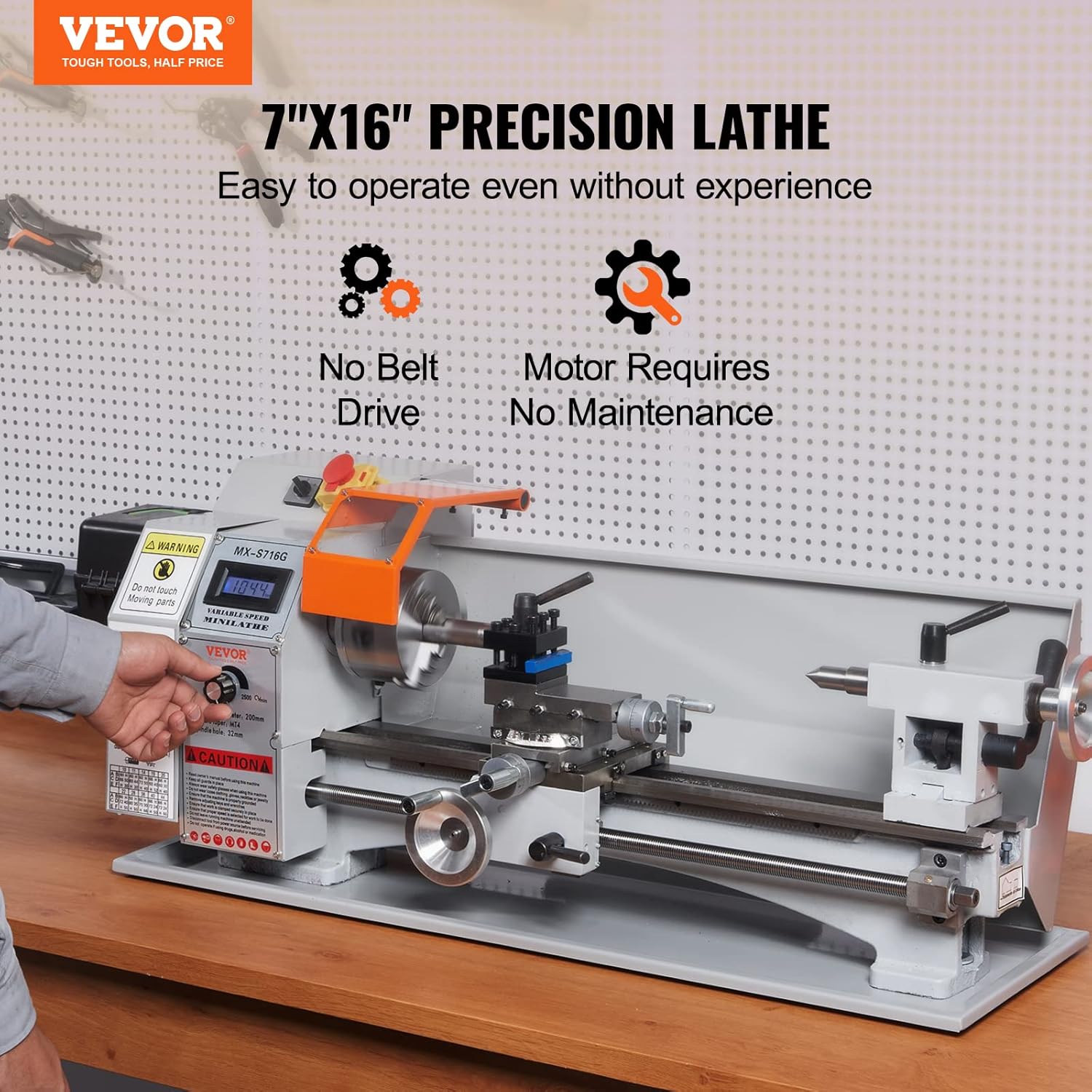 Mini Metal Lathe Machine, 7'' x 16'', 800W Precision Benchtop Power Metal Lathe S43644