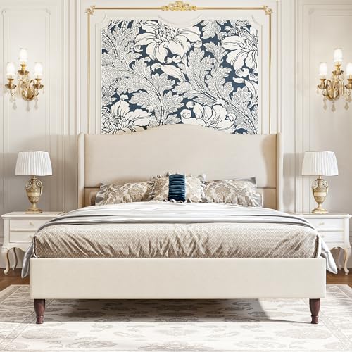 Beige King Size Upholstered Platform Bed with Tall Headboard P3078