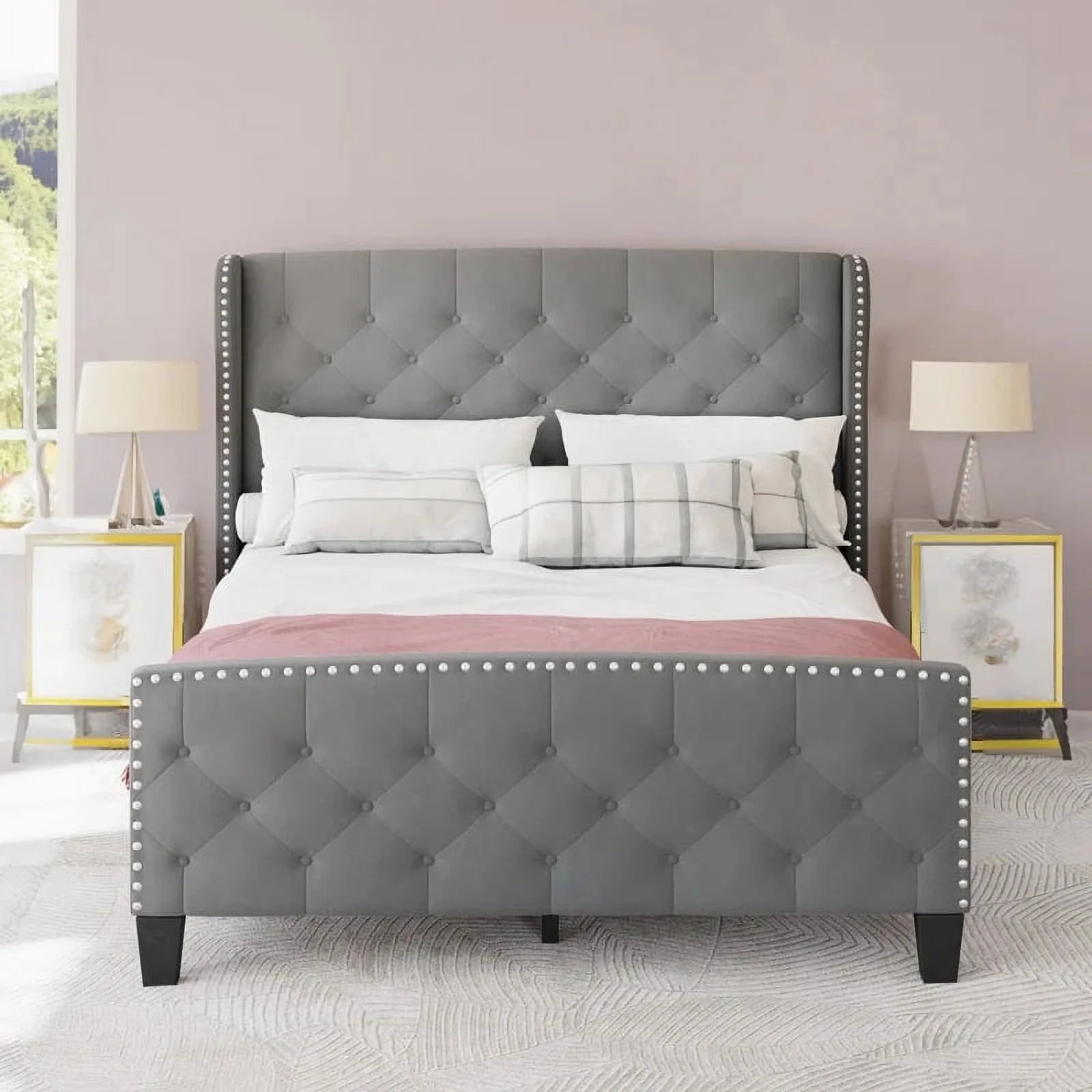 Grey Velvet Queen Size Upholstered Bed Frame J511