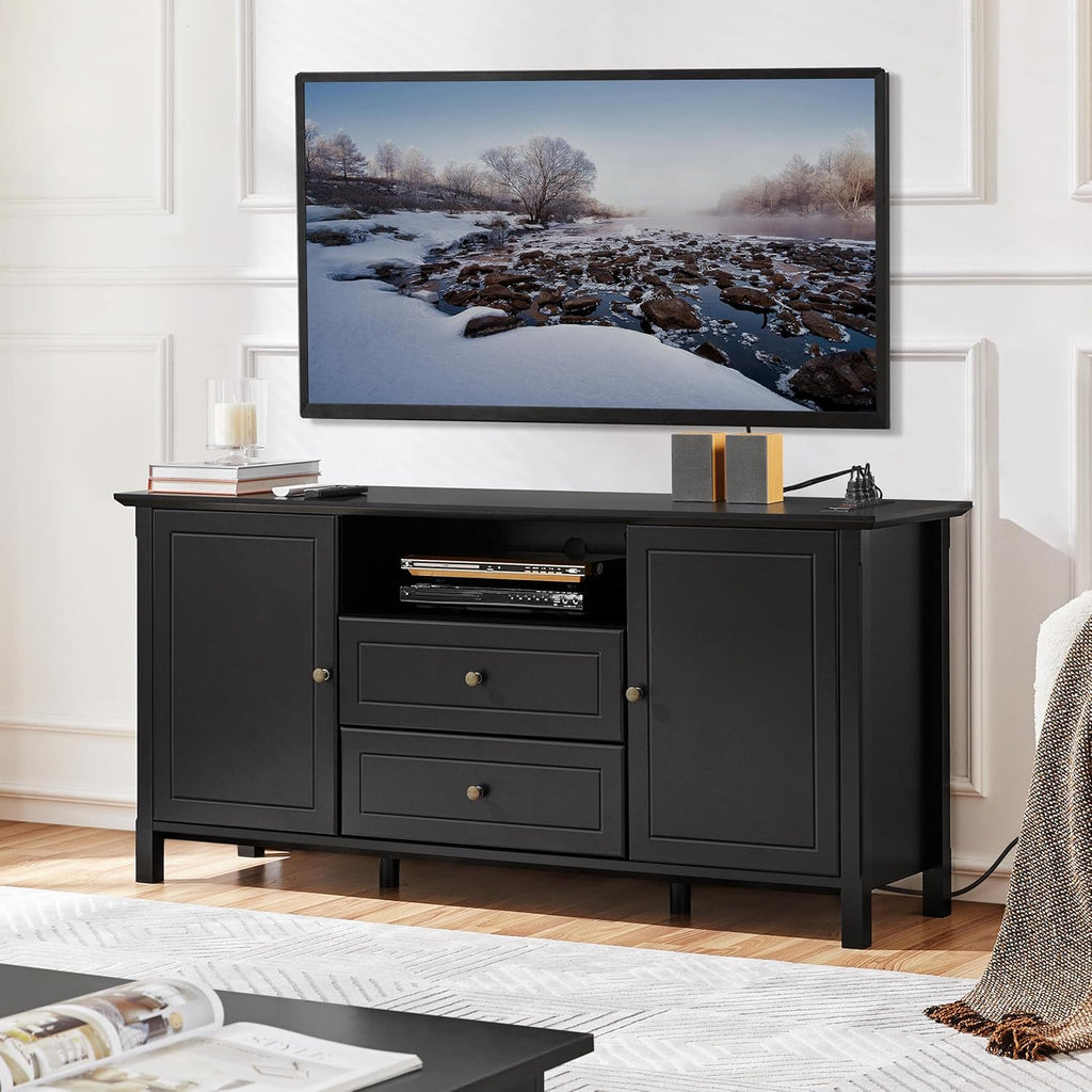 Black Media Entertainment Center with Power Outlet & Storage Cabinets P9837